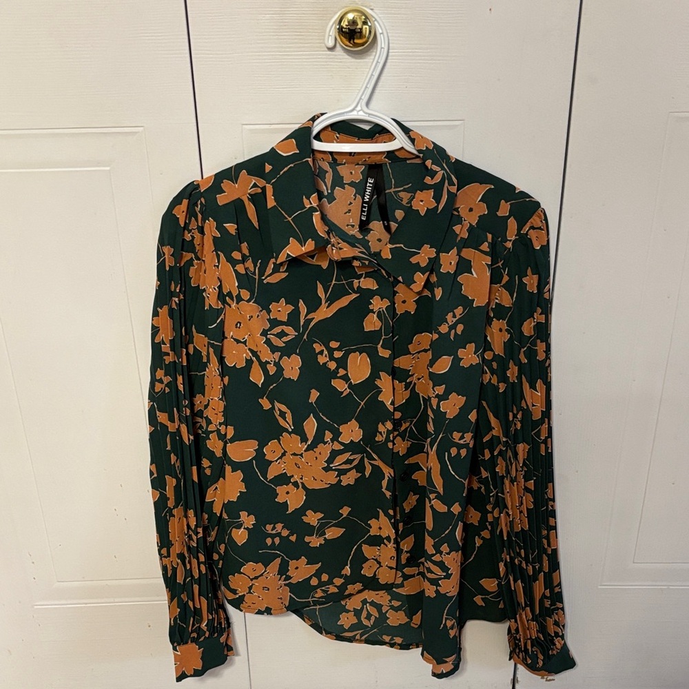 Floral Button-Up Blouse - Dark Green & Mustard